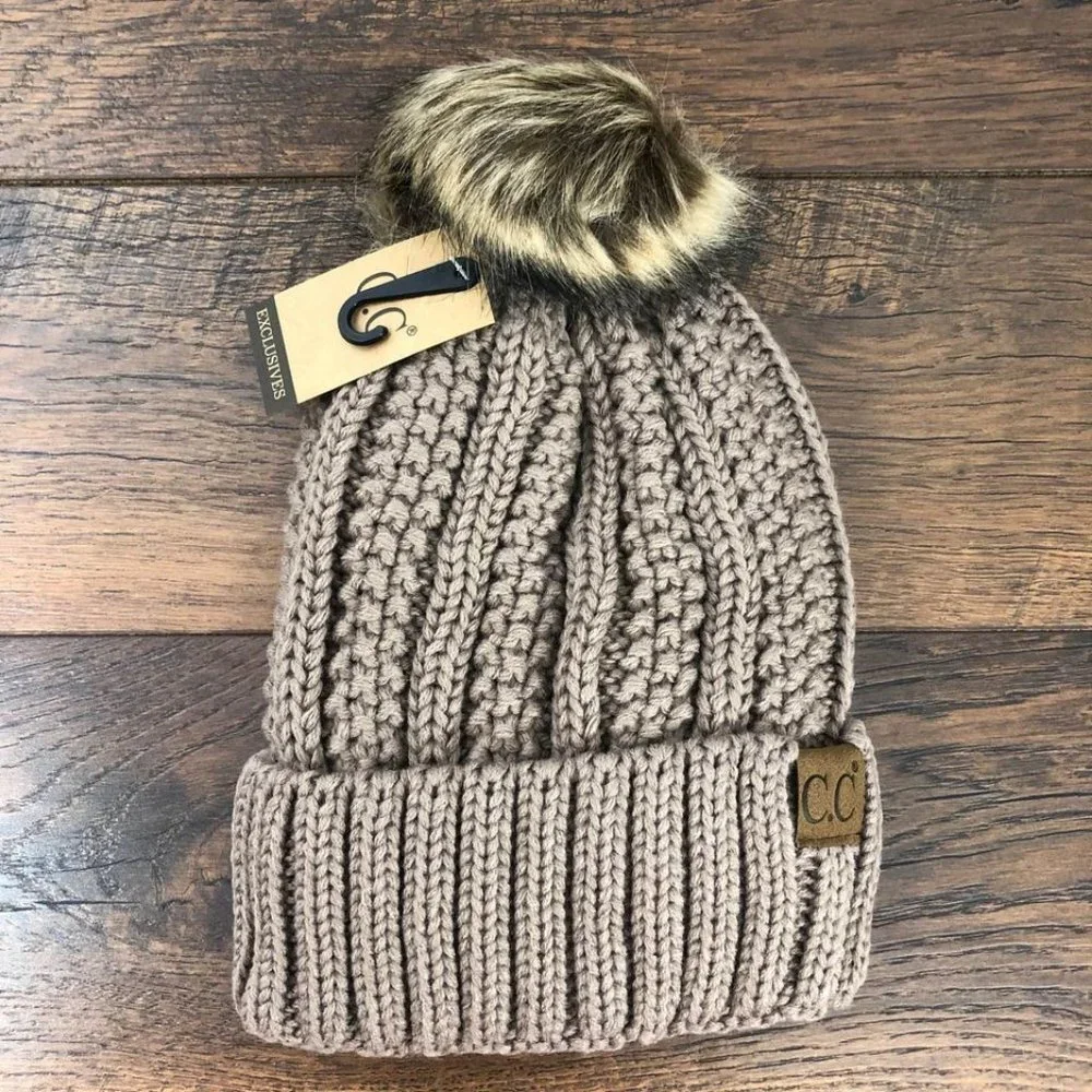 C.C Beanie Fuzzy Lined Cable Knit with Pom - Taupe